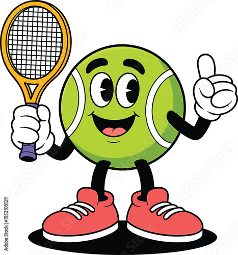 Cheerful tennis ball cartoon character holding racquet and offering an optimistic thumbs up