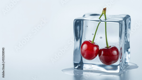 Frozen Delight: Two juicy cherries encased in a glistening ice cube, representing refreshing coolness and purity.