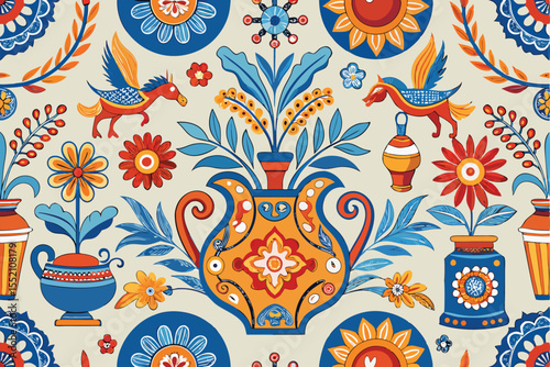 Seamless vector pattern featuring hand-drawn traditional elements with vibrant colors and floral motifs inspired by cultural artistry