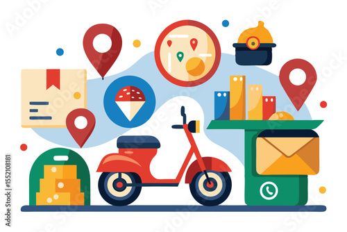 Colorful vector icons showcasing an isolated motorcycle alongside delivery items, maps, and location markers in a modern flat design