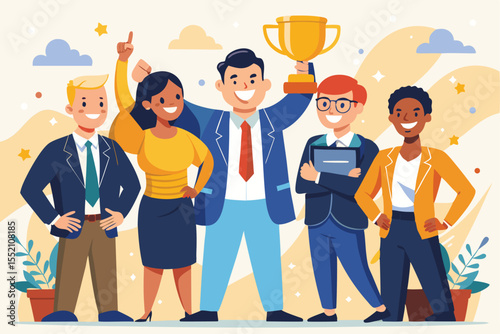 Business team celebrates success with enthusiasm and teamwork in a colorful, modern office environment