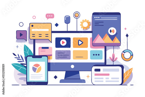 Flat illustration showcasing user interface and user experience design elements for mobile applications and digital platforms featuring interactive components and visual representations