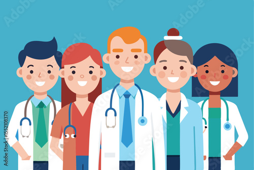 Healthcare medical team in flat style vector illustration representing diverse professionals working together in a modern clinic environment