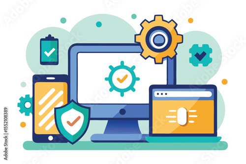 Digital devices display tools for online security and system optimization in a modern workspace setup during daylight hours