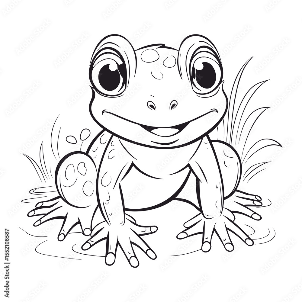 Fototapeta premium Cute Cartoon Frog Sitting in Pond Line Art Vector Illustration
