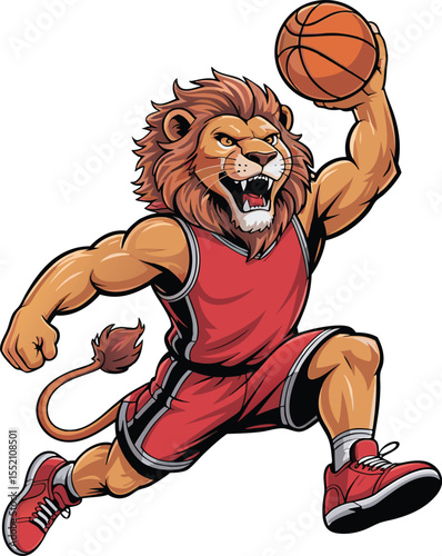 Fierce lion mascot in basketball uniform ready to dunk the basketball