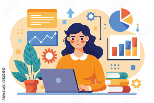 Business data analysis by a woman in a flat illustration with charts, graphs, and a laptop in a bright workspace setting
