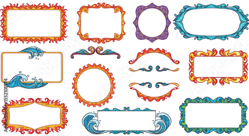 Vibrant decorative frames with fire, water, and ornamental motifs for creative design projects vector illustration