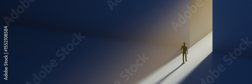 A man walking to a gap in the wall with light spilling out. Concept for positivity, getting out of a depression, the way forward. Web banner format