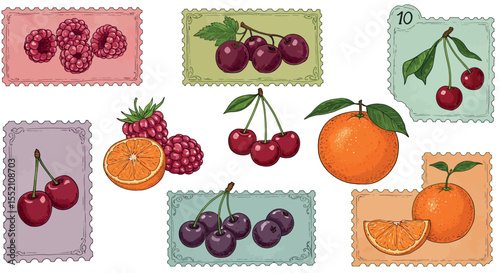 Colorful fruit stamp collection featuring cherries, oranges, and raspberries for decorative design vector illustration
