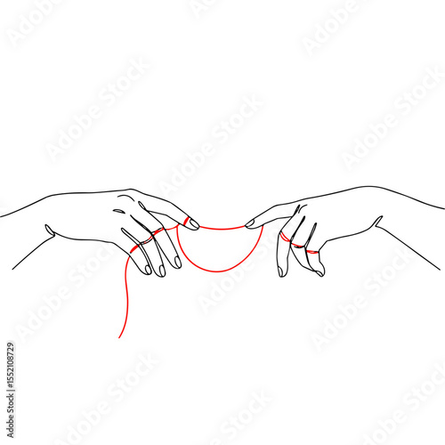 Red thread of fate minimal line art illustration of two hands connected by red string. Love, destiny, connection concept.