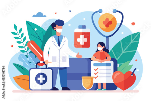 Health insurance concept featuring a doctor and a child engaged in a conversation about health coverage, emphasizing preventive care and safety in a vibrant environment