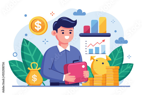 Investment growth concept showcasing a financial investor holding a briefcase with coins and charts in a colorful environment emphasizing financial planning
