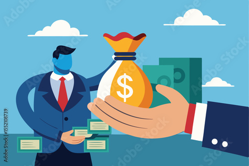 Hand exchanging bribery money in a business setting during a clear day with bright blue skies and cloud formations