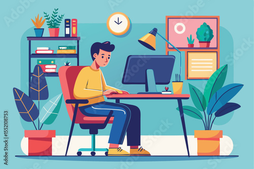 Freelancer working on computer at home surrounded by plants in a cozy and modern workspace during daytime
