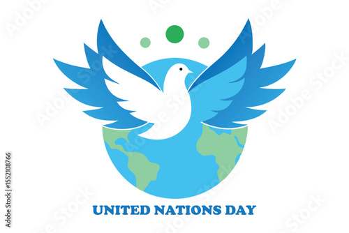 Peace Dove with UN Flags Wings Flying Over Earth Vector for United Nations Day.