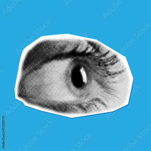 Halftone collage of human eye, cut from a magazine,modern collage element
