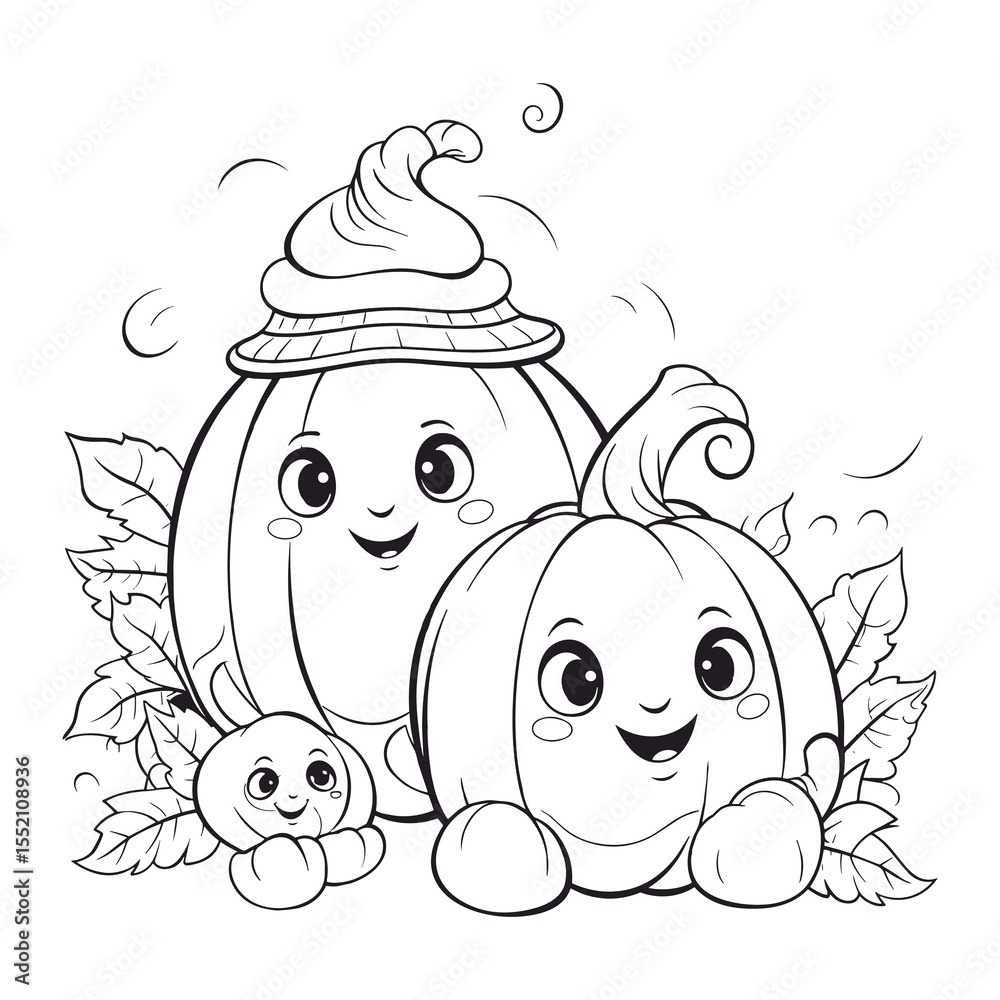 Fototapeta premium Cute Smiling Pumpkin Group Line Art for Coloring Book or Autumn Design