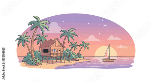 Tropical beach sunset with hut and sailboat illustrating relaxation and adventure vector illustration
