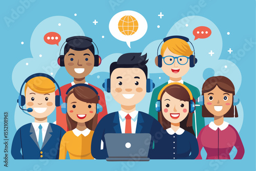 Smiling office operators engage with clients while working on laptops in a vibrant and collaborative environment