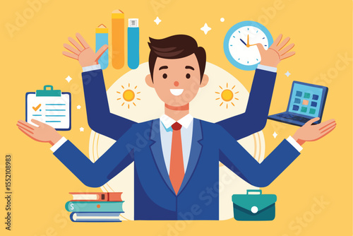 Happy handsome office worker multitasking with multiple arms in a vibrant office setting during a productive workday