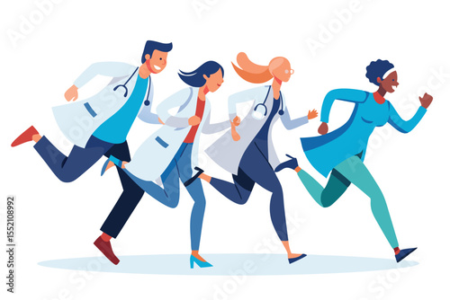 Group of people in medical gowns running energetically on an isolated path during a sunny day, showcasing teamwork and enthusiasm in a dynamic setting
