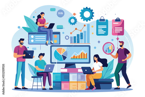 Collaboration of data scientists and software engineers analyzing statistical trends in a vibrant workspace