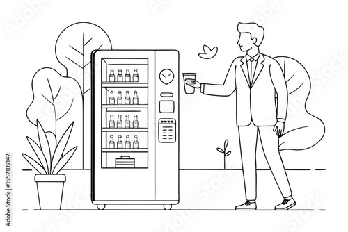 Continuous one line drawing of a vending machine concept showcasing a man in a suit interacting with the machine in a park setting