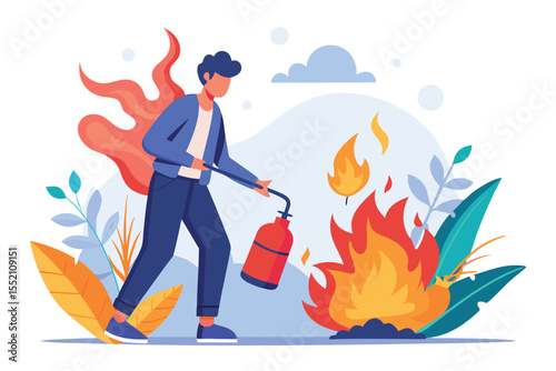 Man actively extinguishing a fire with a fire extinguisher in a vibrant outdoor environment surrounded by plants and animated flames during daytime