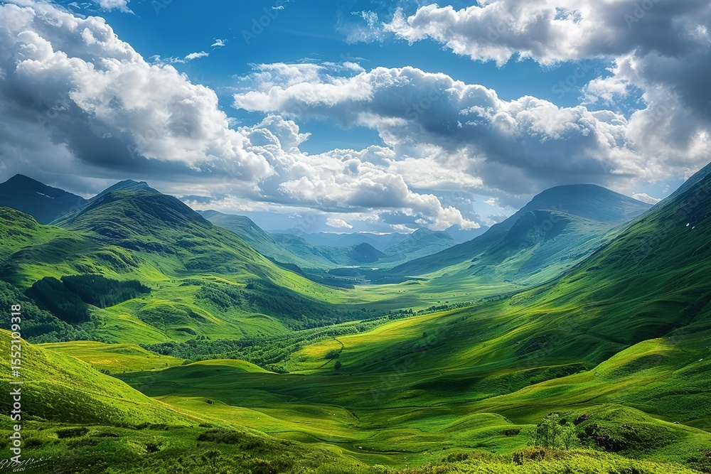 Obraz premium Lush green rolling hills stretch beneath a cloudy sky creating a serene landscape