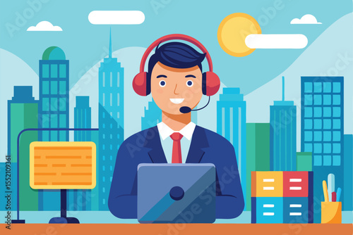 Customer service representative working at a call center with a city skyline background during daytime