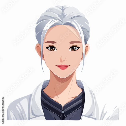 Older Woman with Silver Hair and Lab Coat, Radiating Confidence and Expertise
Professional Female Character in Science or Medical Field Concept
Vector Portrait Ideal for Healthcare, Biotechnology, or 