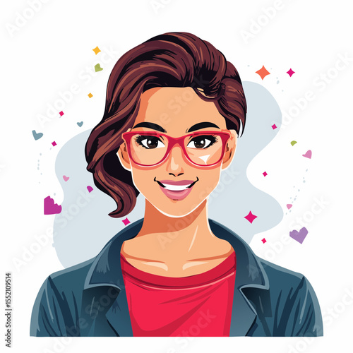 Intellectual Young Woman with Red Glasses and Wind-Swept Hair
Creative Female Character in Smart Casual Outfit with Confident Smile
Vector Illustration with Artistic Touch and Clean, White Background
