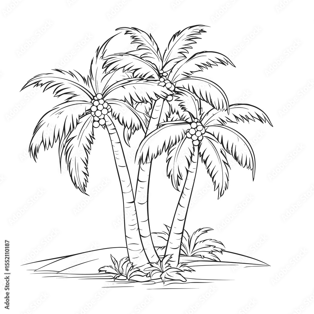 Obraz premium Hand Drawn Coconut Palm Trees on Tropical Beach in Black and White
