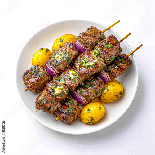 Overhead view of grilled lamb kebobs with potatoes and red onion on a white plate.