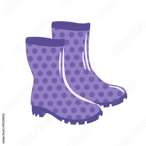 This vector illustration features stylish purple rubber boots adorned with playful polka dots. Perfect for rainy days, they combine fashion and function, adding a fun touch to any outdoor outfit.