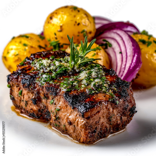 A succulent grilled steak, topped with a dollop of flavorful herb butter and a sprig of rosemary with golden roasted baby potatoes and vibrant red onions on a white background. Close-up.