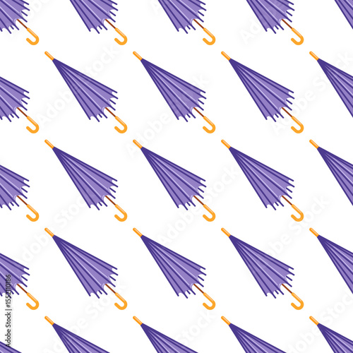 This vector illustration features a seamless pattern of elegant purple umbrellas. The design features a symmetrical layout, perfect for rain-themed projects, adding charm and color to any background.
