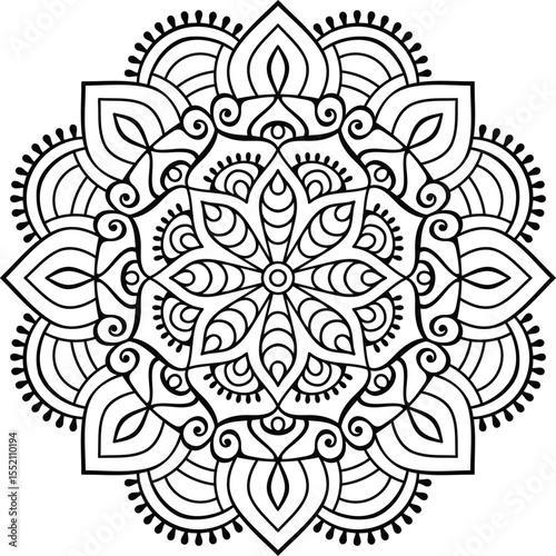 A detailed symmetrical black and white mandala pattern evoking peace focus and meditation Sharp line