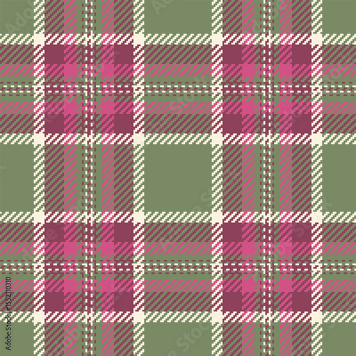 Elegant plaid pattern in hues of green, pink and ivory. Seamless design, ideal for textile prints, backgrounds, and festive designs. Vintage, classic aesthetic.