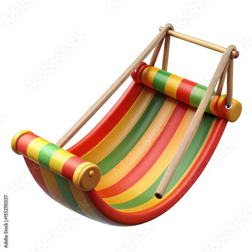 Striped hammock with wooden frame isolated on transparent background