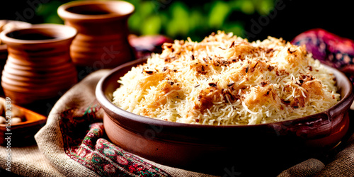 Exquisite Fish Biryani in a rustic earthenware bowl, garnished with crispy onions.