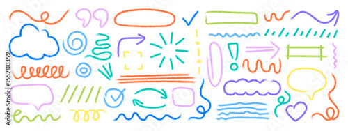 Collection of hand drawn kids chalk vector elements, shapes, arrows created with a chalk, crayon effect