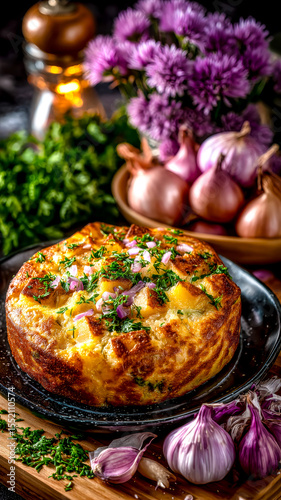 Hearty homemade egg and potato pie with fresh herbs and red onion on a dark plate.