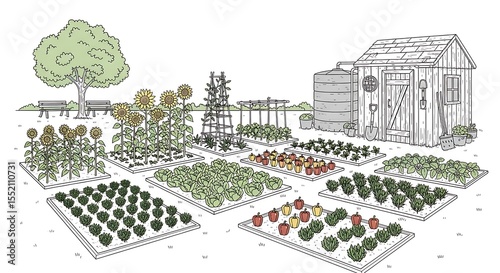 Vegetable Garden Illustration with Raised Beds and Shed