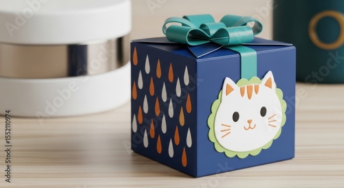 Pretty gift box featuring cat design and teal bow awaits opening on light wood surface