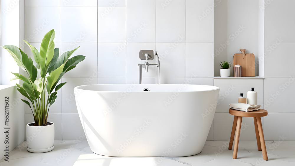 Fototapeta premium Modern bathroom with white freestanding tub and indoor plant 