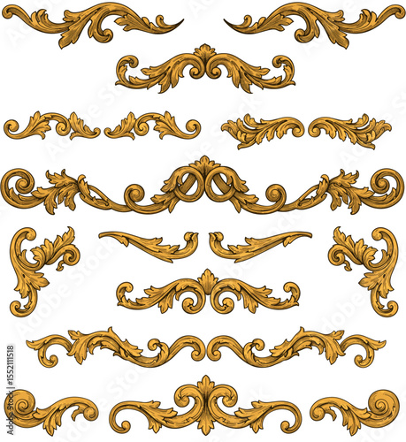Baroque decorative elements with swirls in gold style for elegant design backgrounds