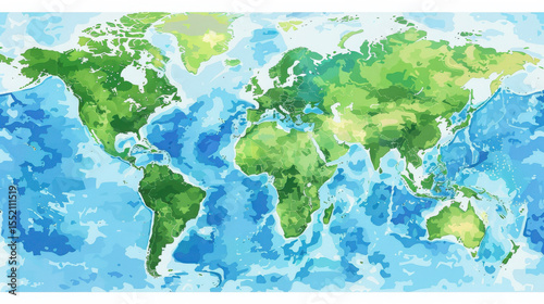 A simple green and blue vector world map with clean lines and minimalistic design, featuring green continents on a blue ocean background — ideal for educational, infographic, or travel use..