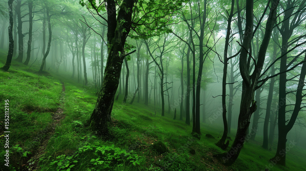 Obraz premium A lush green foggy forest landscape with mist weaving through tall trees, soft light filtering from above, and a serene, mystical atmosphere. Rich foliage and damp forest floor enhance the dreamy mood